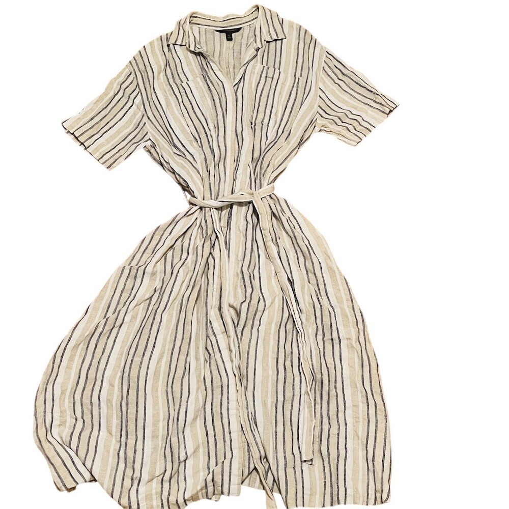 Banana Republic Shirt Dress Womens Size SP Ivory Striped Midi Tie Waist
